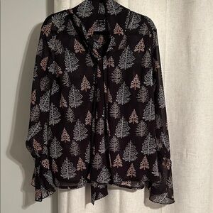 Black Sheer Tie-Neck Blouse with Tree Print